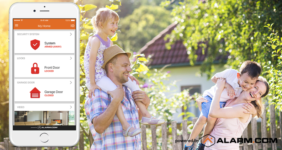 A family happily hanging out outdoors while a phone screen displays the Alarm.com system protecting their home.