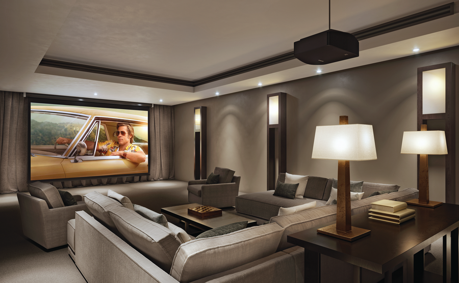 A media room setup featuring a professional Sony TV installation and surround sound setup.