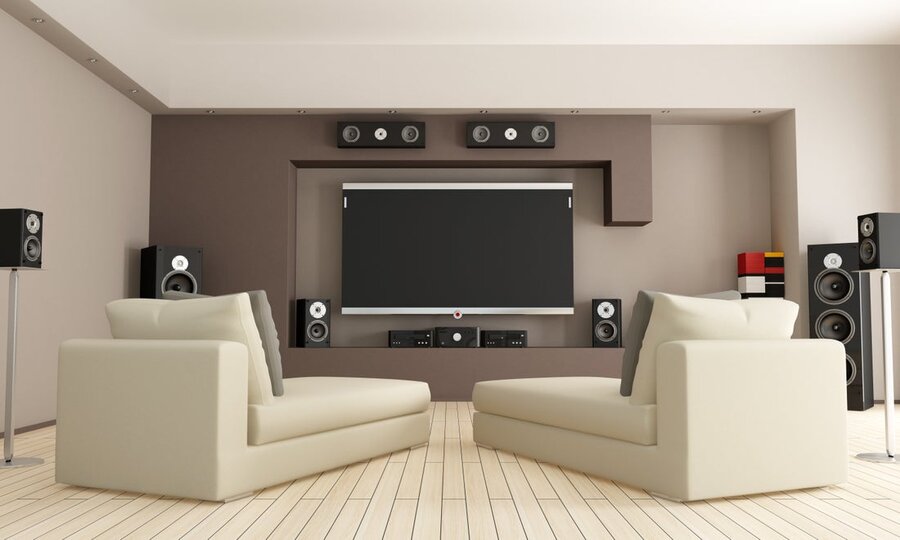 A home media room setup featuring a TV wall mount.
